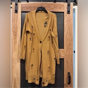 Mustard Distressed Open-Front Cardigan Sweater